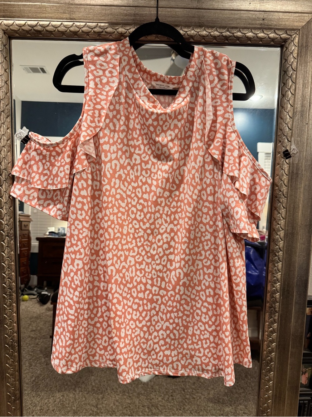 Chic Soul Coral and White Leopard Cold-Shoulder Blouse